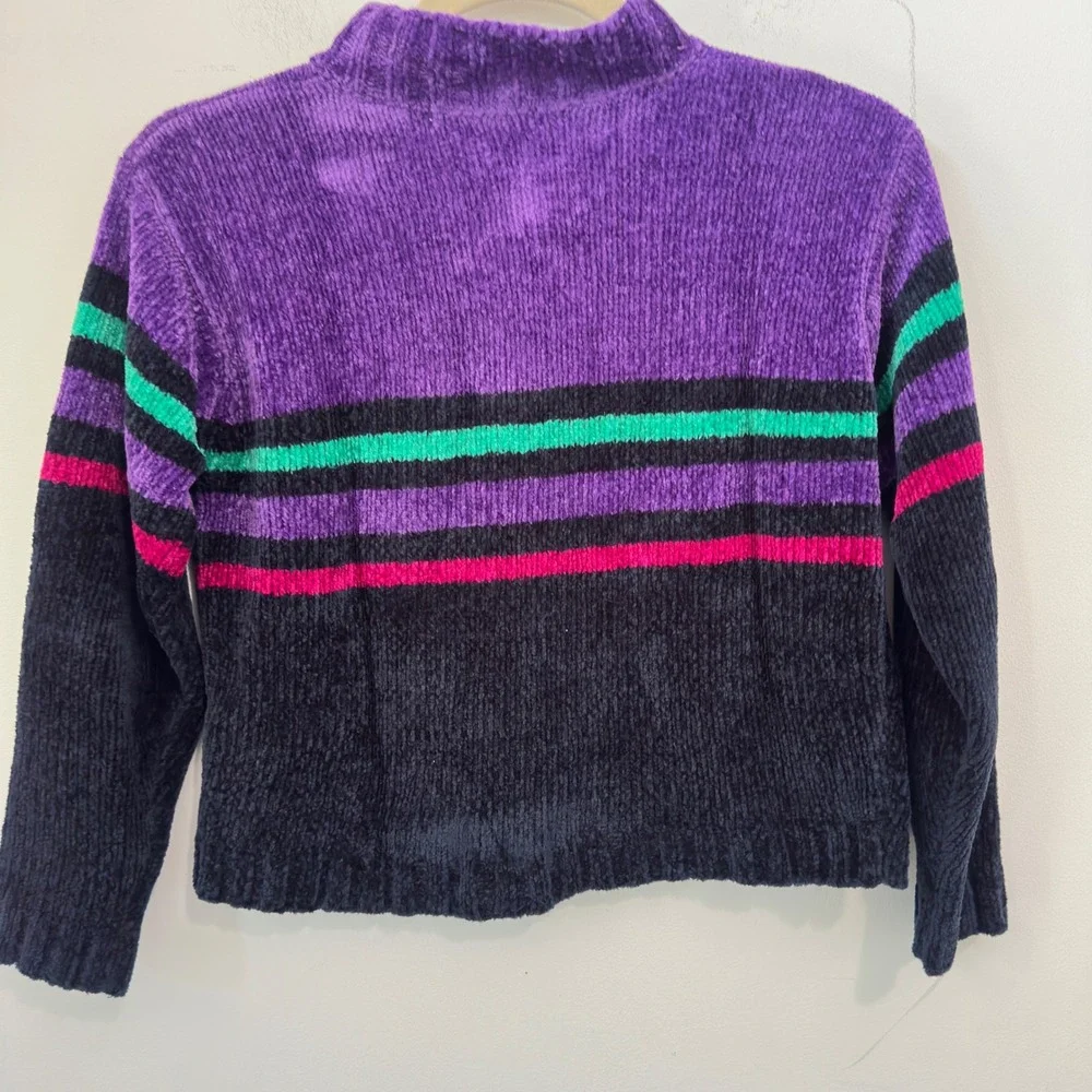 Vintage 90s Chenille Sweater Cropped Quarter Zip Purple Green Stripe Womens XS